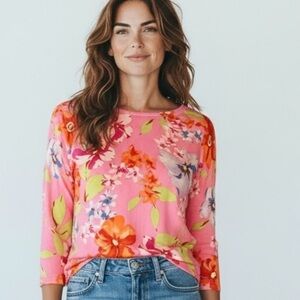 Lauren Ralph Lauren Pink Floral Silk Blend 3/4 Length Sleeve sweater, size L